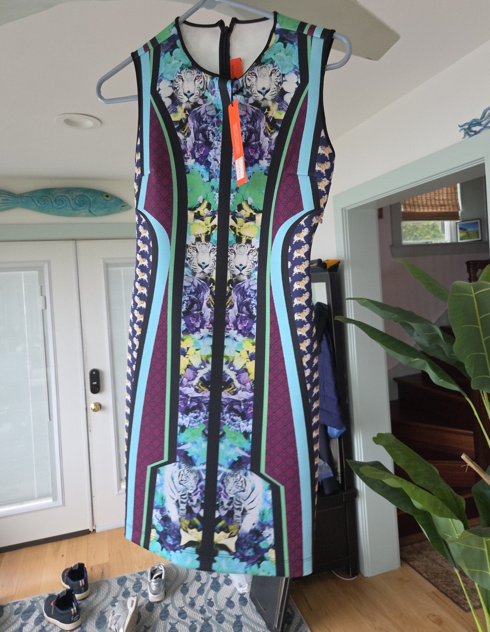 Clover Canyon Teal, Purple & Black Printed Sheath Dress